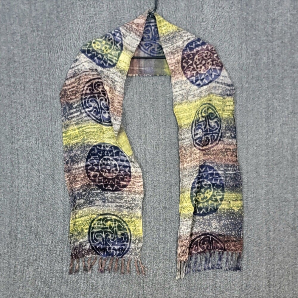 Chicos Scarf Womens OS Multicolor Geometric Circles Fringed Boho 10" x 66"